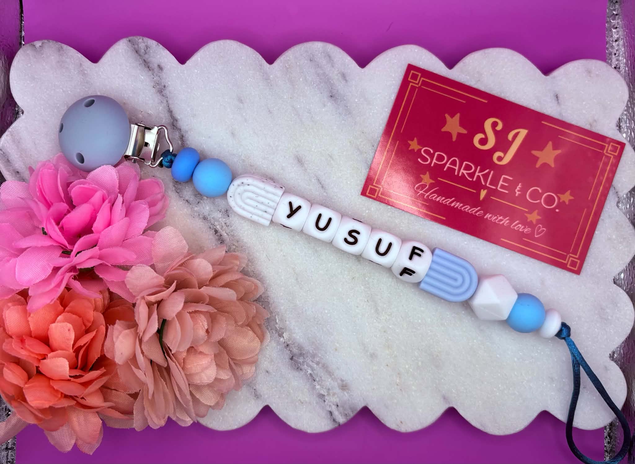 Personalized Beaded Dummy Clips - Blue