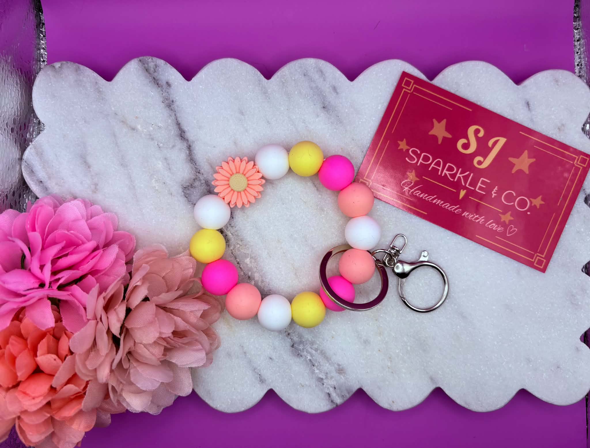Beaded Wristlet Keyring- Pink