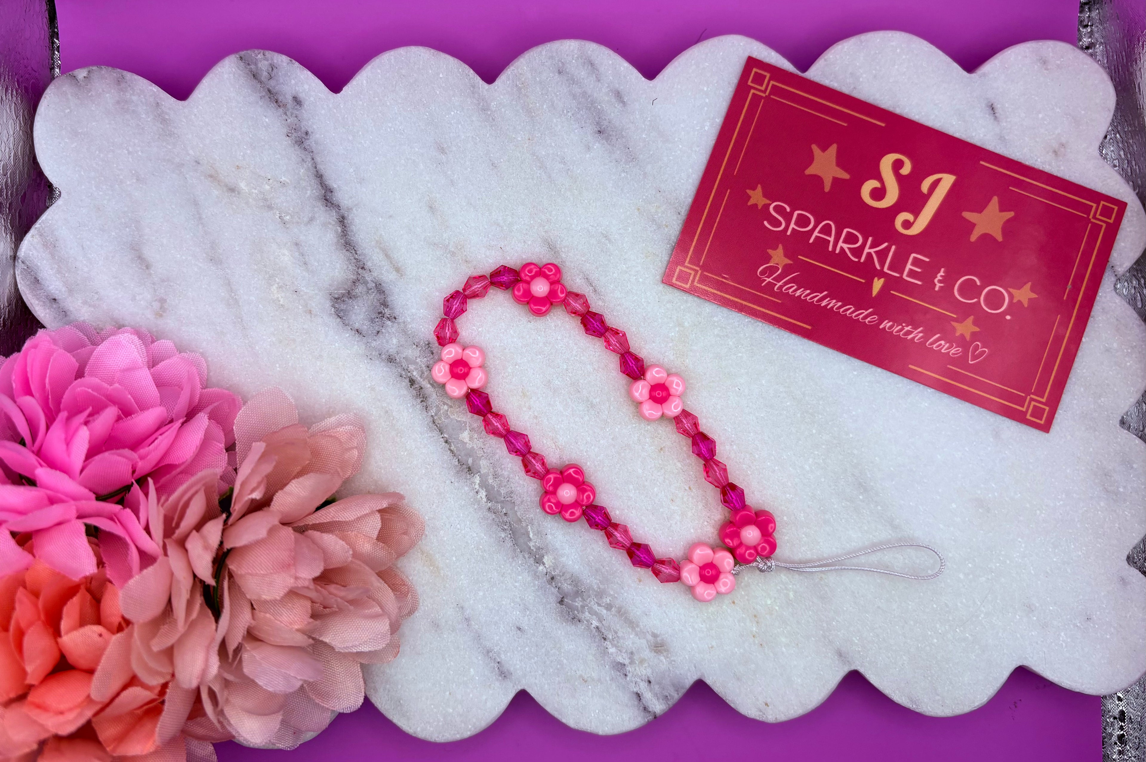 Pink crystal flower phone charm