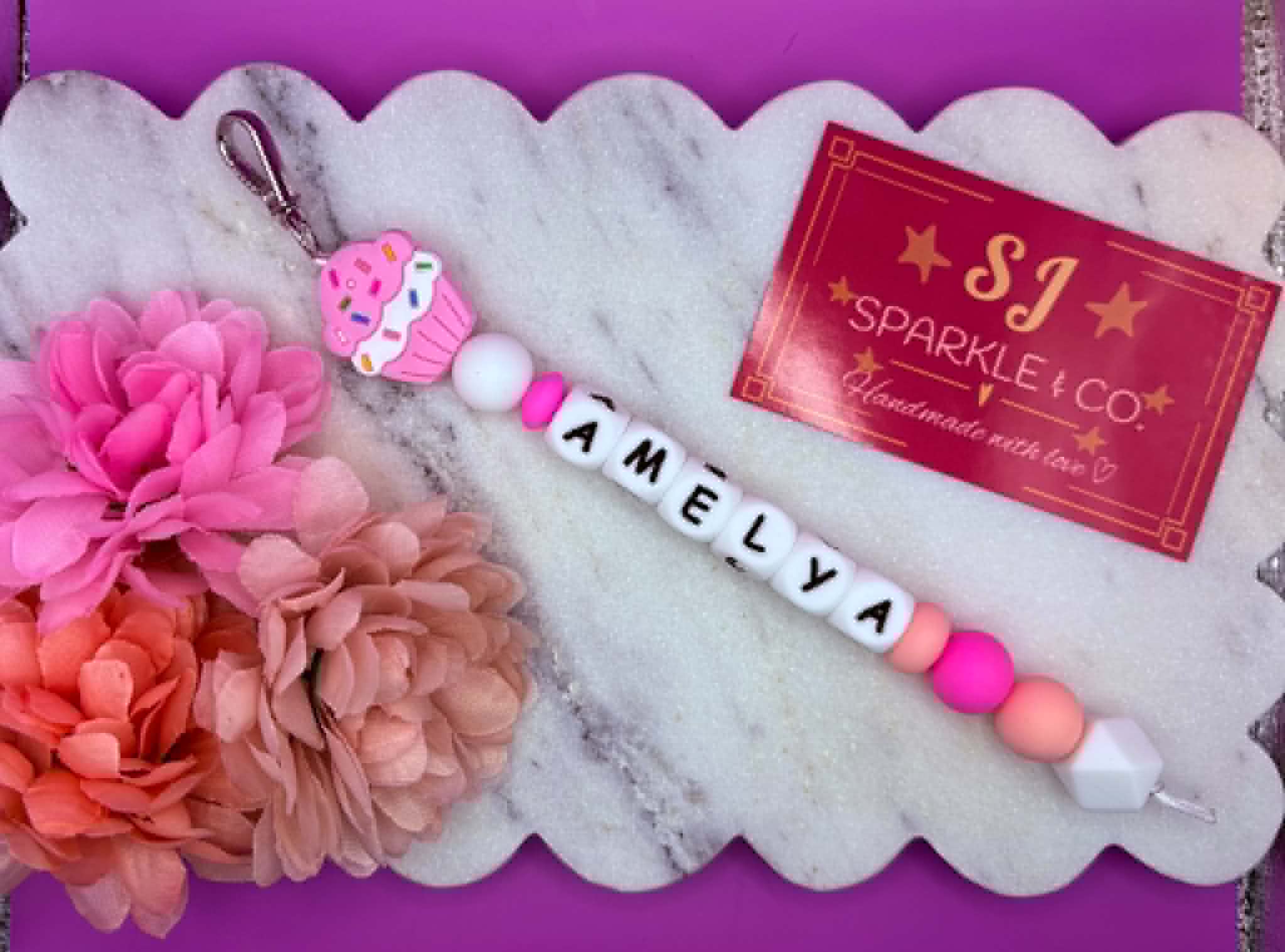 Personalized silicone bead Bag Tag - Pink